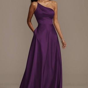 David's Bridal Celebrate One Shoulder Satin A-line Long Bridesmaid Dress, Plum